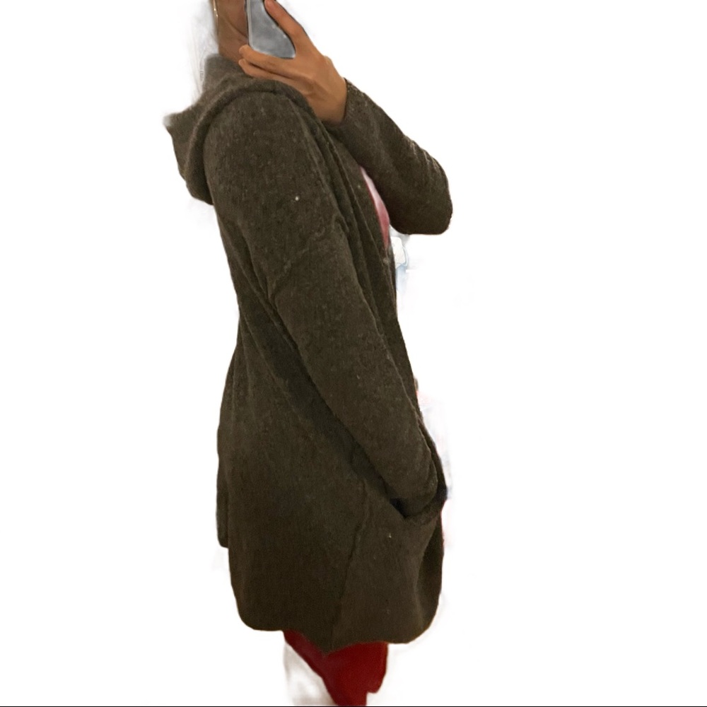 Tahari Grey Fuzzy Wool Blend Hooded Pocket Oversized Cardigan